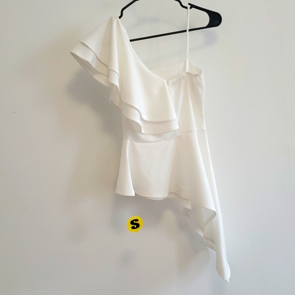 Layered Ruffle One Shoulder White Top (Small) - Picture 2 of 2